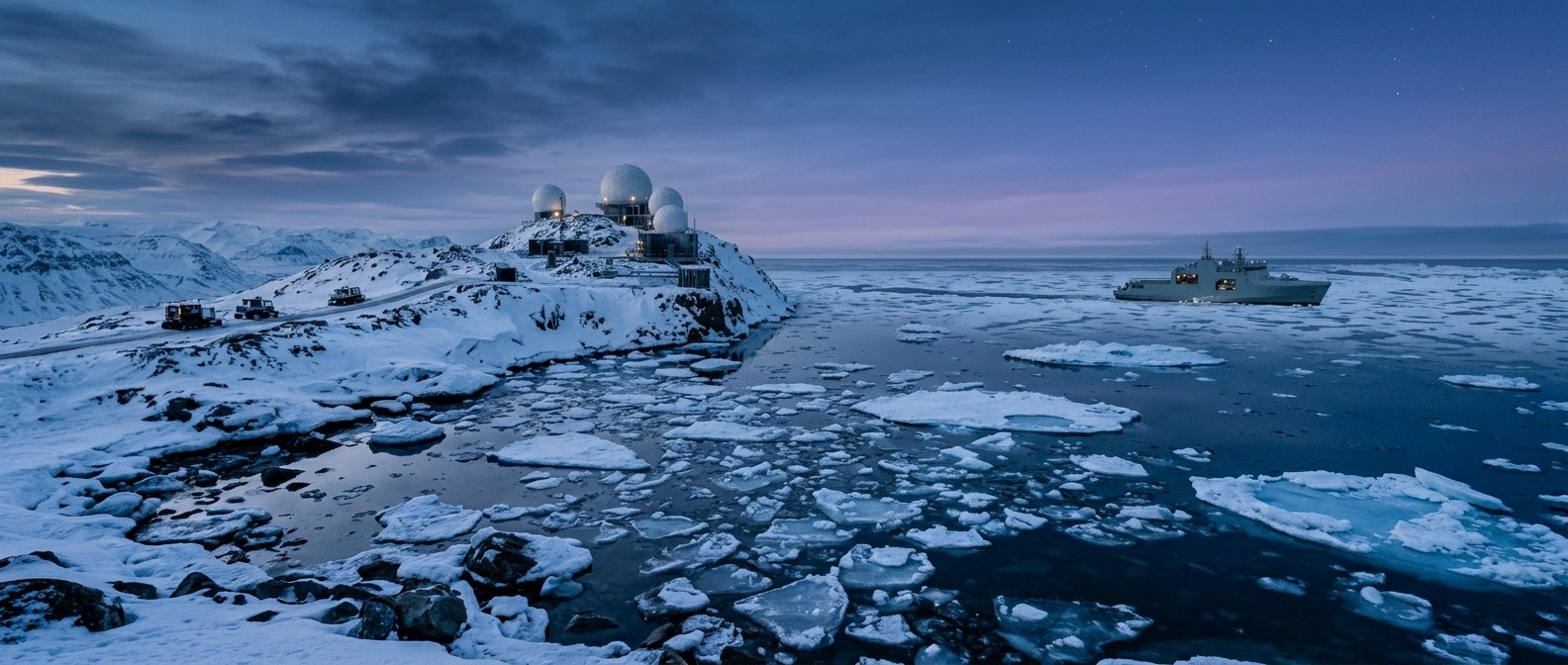 Arctic radar station above sea ice at dusk, with a naval patrol ship offshore