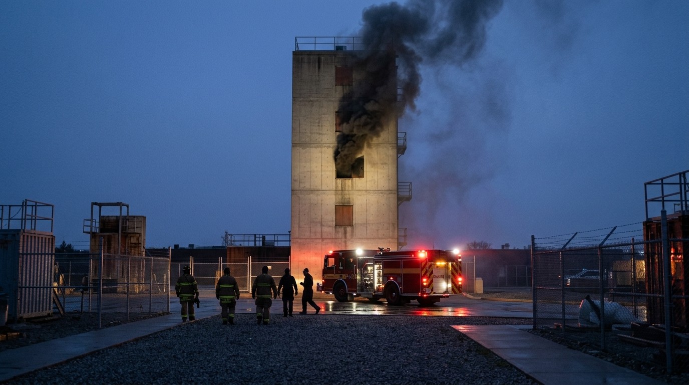 Firefighters at a live-fire training tower at dusk
