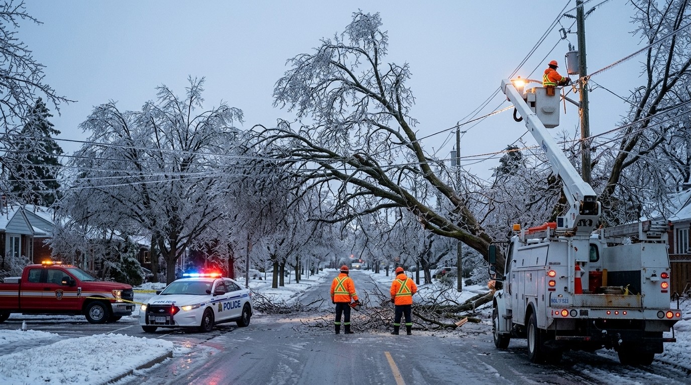 Utility crew restoring power lines after an ice storm while police and fire vehicles secure the street