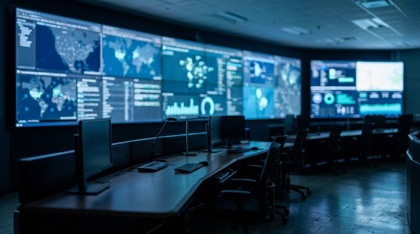 Emergency operations centre with a wall of map and data displays