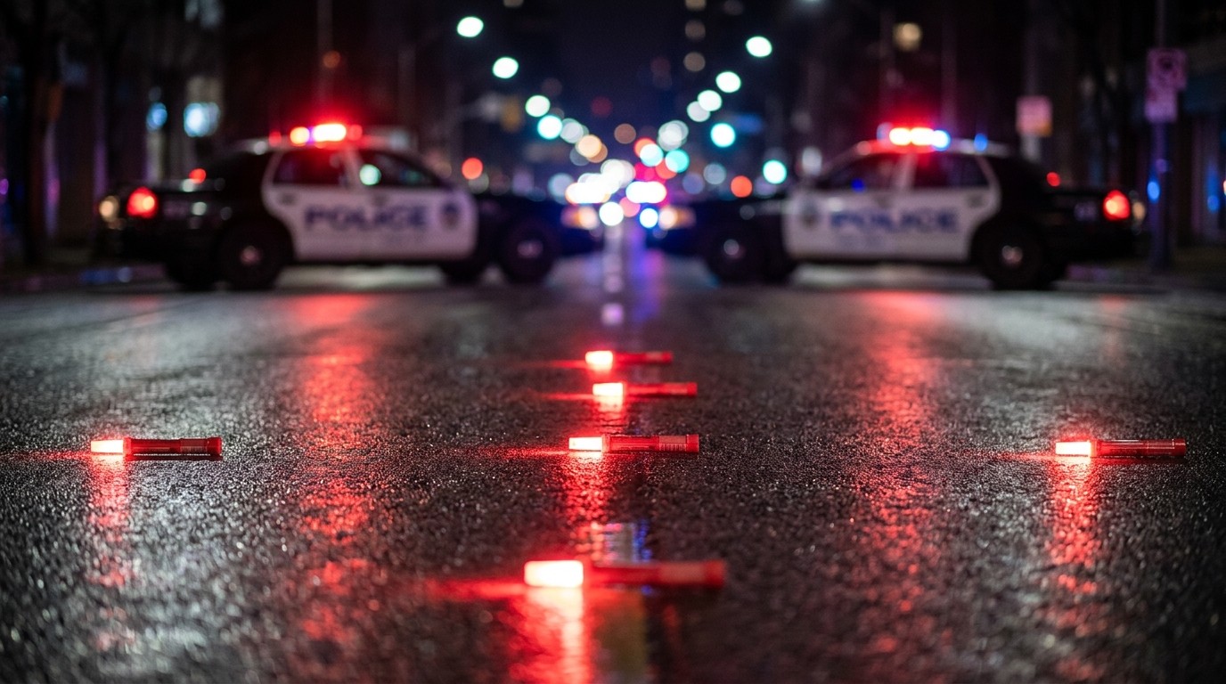 Police cruisers blocking a wet city street at night behind a line of road flares